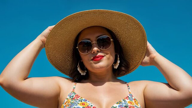 A confident young woman in a straw hat, sunglasses, and floral bikini top adjusts her hat against a vibrant blue sky, symbolizing carefree summer vacation.