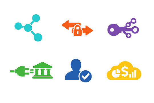 Open banking data sharing icon set with six single-color vector icons. Ideal for fintech platforms, banking APIs, dashboards, and modern UI design.
