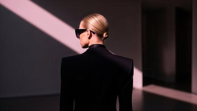 Back view of woman in black blazer and sunglasses with dramatic pink light