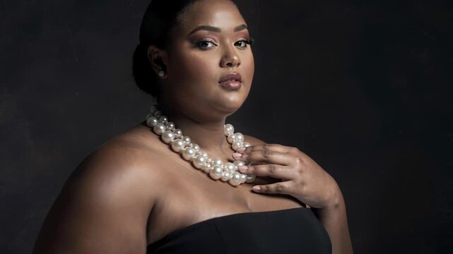 A confident curvy woman with elegant makeup and dark skin wears a black strapless top and a double-strand pearl necklace, posing against a dark studio background, symbolizing sophistication.