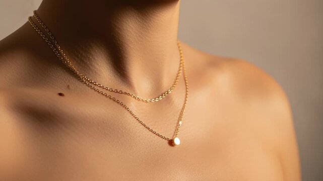 A pair of delicate gold chain necklaces with a sparkling diamond pendant beautifully adorn a woman's collarbones and decolletage in soft, warm lighting, symbolizing elegance.
