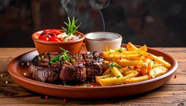 Filete de ternera a la parrilla con patatas fritas y salsa servido en plato r&uacute;stico, concepto de comida gourmet