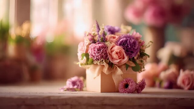 Mothers Day, Valentines Day, love holiday theme. A bouquet of pink and purple flowers in a gift box, tied with a ribbon, placed on a table. The background is slightly blurred.