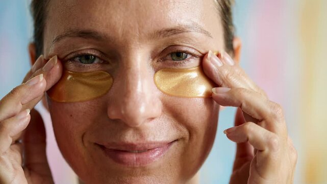 A close-up of a smiling Caucasian woman wearing golden under-eye patches on her face, representing a modern approach to self-care and beauty routines.