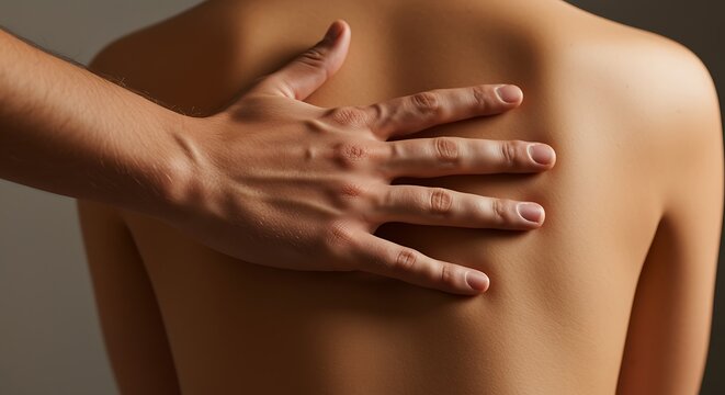 person receiving back massage with hand on bare back skin