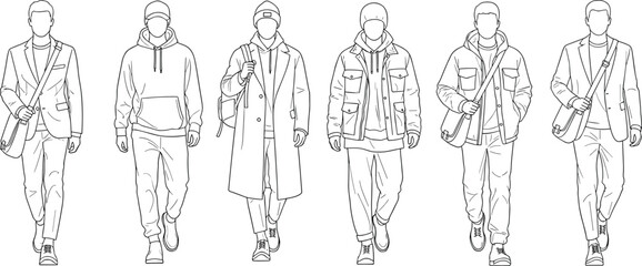 Minimal line art illustration of men walking wearing modern casual outfits fashion silhouettes for urban lifestyle concept design branding stock