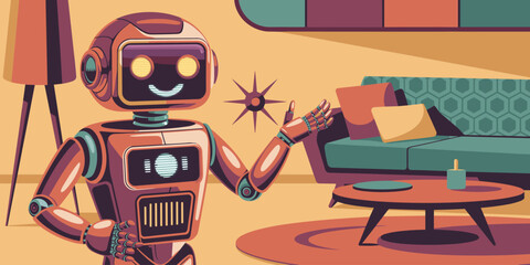 Friendly robot character illustration relaxing in modern living room interior design with sofa and retro decor home automation technology concept for advertising marketing presentations and futuristic