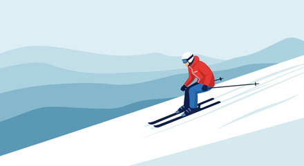 Dynamic Skiing Descent Down Snowy Mountain Slopes With Layered Background