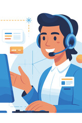 Professional call center operator working on computer with headset in modern office customer service support illustration for online communication remote assistance help desk virtual assistant concept