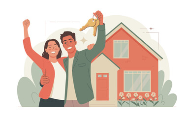 Excited young couple holding house keys celebrating new home purchase in front of modern suburban house dream home ownership achievement for real estate marketing advertising promotion property invest