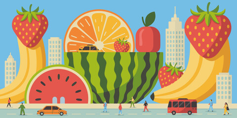 Vibrant fruit cityscape illustration with giant watermelon orange apple banana and strawberry with tiny people and cars walking driving on street urban food market concept background for healthy lifes