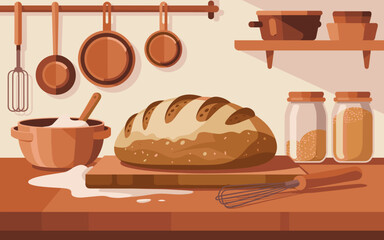 Artisanal sourdough bread loaf in cozy kitchen setting with cooking utensils homemade baking concept for culinary blog recipe illustration bakery advertisement food photography with rustic charm warm