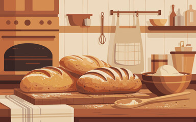 Fresh baked bread loaves on wooden board in warm kitchen setting homemade baking concept rustic bakery background for food blog culinary arts advertising artisan bread recipe illustration and healthy