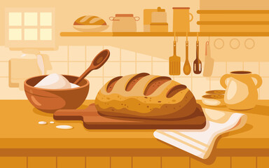 Freshly Baked Bread Loaf on Wooden Board in Kitchen Illustration healthy homemade baking concept background for bakery shop advertisement food blog recipe website culinary presentation promotion
