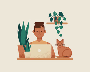 Modern cartoon man working on laptop computer with cat and plants in home office illustration for remote work freelancer lifestyle technology presentation marketing advertising vector art design for w