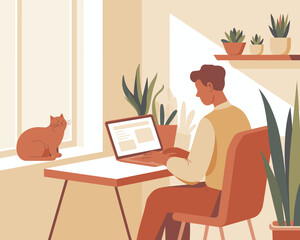 Man working on laptop computer at home office with cat sitting on windowsill in bright modern interior vector illustration for remote work freelancing lifestyle technology and cozy comfortable home wo