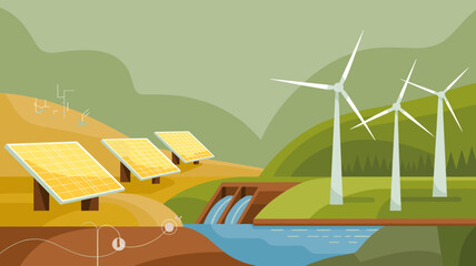 Renewable Green Energy Landscape with Solar Panels Wind Turbines and Hydro Dam Generating Power Clean Sustainable Electricity for Eco Friendly Future in Nature Environment Conservation Illustration fo