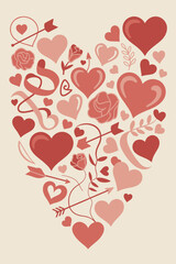Valentine's Day heart shape made of hearts roses and arrows romantic love concept for greeting cards wedding invitations and anniversary celebrations with elegant vintage style and decorative elements