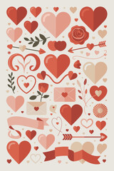 Romantic Valentines Day hearts and roses pattern design featuring arrow and envelope elements for love themed celebration in cute modern graphic vector illustration for greeting cards and backgrounds