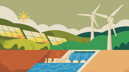 Sustainable Energy Landscape with Solar Panels Wind Turbines and Hydroelectric Dam Generating Clean Renewable Power for Green Environment and Eco Friendly Future Modern Illustration for Environmental