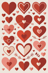 Collection of Various Red and Pink Hearts on Cream Background for Valentine's Day Celebration Romantic Love Holiday Decorative Design Heartfelt Affection and Passion Wedding Anniversary Greeting Card