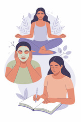 Meditating woman practicing self-care routines with face mask and journaling for mental well-being and relaxation techniques in peaceful home environment for mindfulness practices stress relief lifest