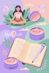 Serene woman meditating for wellness and self care with skincare products and open journal in a peaceful nature illustration for beauty and lifestyle blogs health and wellbeing content and mindfulness