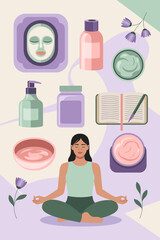 Serene woman meditating surrounded by skincare products and beauty treatments for wellness lifestyle in modern spa environment promoting self care and relaxation as part of healthy living routine for