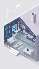 Isometric smart home automation system concept showing wireless connection of devices in modern house interior for security energy efficiency and convenience technology solutions for residential build