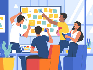 Diverse team brainstorming ideas on whiteboard in modern office collaborative workspace for innovative solutions and creative problem solving strategic planning agile project management business prese