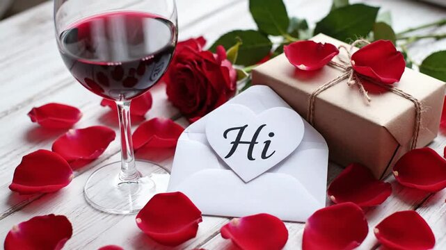 Romantic Valentine's Day Setup with Wine, Roses, Gift, and Heartfelt Note on White Wooden Table romantic setup