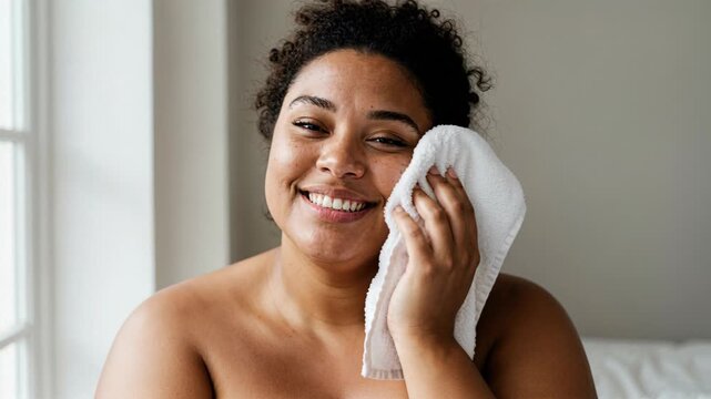 A joyful young adult woman with bare shoulders is gently dabbing her face with a soft white towel in a bright room, symbolizing natural beauty and self-care.