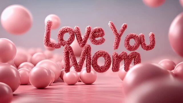 Mothers Day, Valentines Day, love holiday theme. A vibrant pink background with the words Love You Mom prominently displayed in the center. The text is surrounded by a multitude of pink spheres.