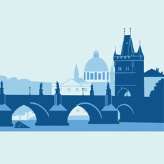 Obraz premium Silhouette of historic European cityscape with bridge, domed building, and tower.