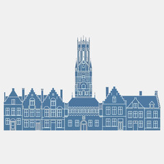 Obraz premium Illustration of a historic city hall with a tall clock tower and surrounding buildings.