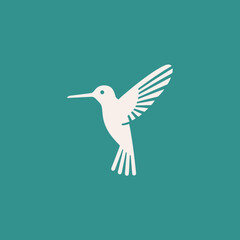Obraz premium Minimalist illustration of a hummingbird with outstretched wings on a teal background.