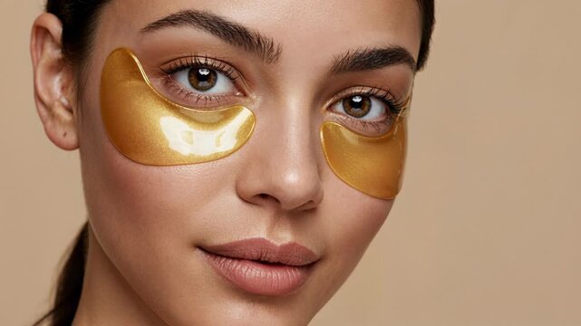 A beautiful young woman with flawless skin looks directly at the camera, wearing luxurious gold collagen eye patches on a soft beige background, symbolizing beauty and self-care.