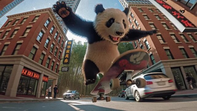 A panda in sportswear rides a skateboard amidst a sunlit bamboo forest - AI-Generated