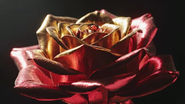 Metallic Rose Close-up with Red and Gold Petals on Dark Background red rose gold rose flower close-up