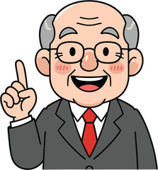Cheerful senior businessman character in a suit wearing glasses pointing finger up having a great idea or giving advice