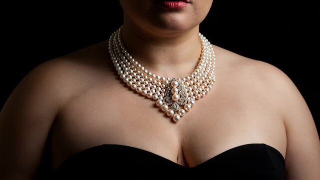 A person's decolletage is adorned with a luxurious multi-strand pearl necklace and diamond pendant over a black strapless dress, symbolizing classic elegance and wealth.