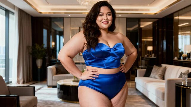 A confident Asian plus-size woman wearing a royal blue satin strapless top and high-waisted briefs poses in a luxurious modern apartment, celebrating body positivity and self-acceptance.