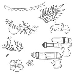 Songkran festival, sketch collection. Bowl with water and flowers, palm leaves and water guns, set isolated on white background. Happy water thai new year concept. Vector illustration