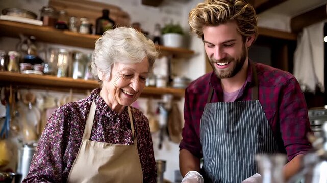 Mothers Day, Valentines Day, love holiday theme. A man and woman in aprons preparing food together in a kitchen. The woman, wearing a floral shirt and apron, smiles as she looks at the man.