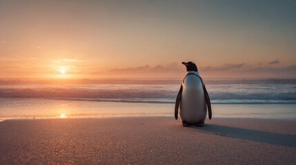 Peaceful Zen Penguin Sitting at Sunrise with Ocean Reflection