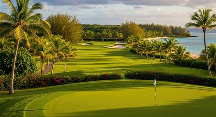 Fototapeta premium Scenic golf course landscape with green grass and palm trees near the ocean