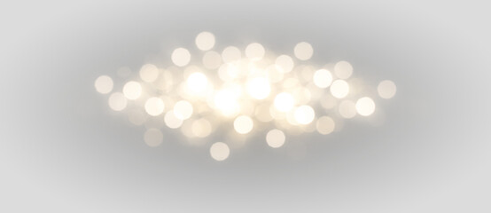 Abstract golden bokeh light glow effect with blurred circles sparkle and glitter, soft warm festive background overlay decoration on transparent background. © Darina
