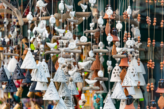 Music of the wind. Collection of craft clay bells	