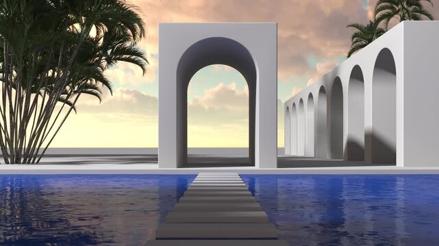 Geometric arched white wall with layered cutouts and shadows of palm tree branches. 3D architectural background. Design for banner, poster, wallpaper, and header.