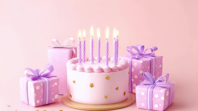 Birthday celebration theme for party event. A festive birthday scene with a pink cake adorned with lit candles and presents surrounding it, set against a soft pink background.